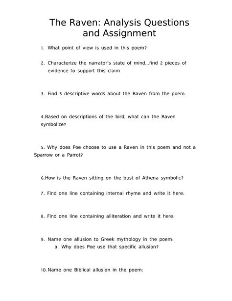 The Raven Poem Worksheet Answers