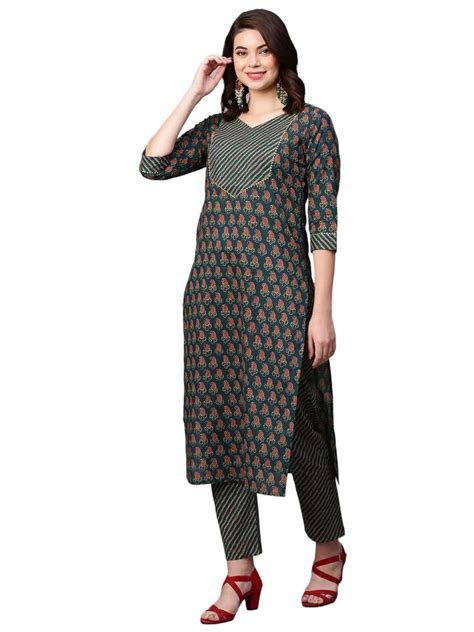 GoSriKi Women's Cotton Blend Traditional Straight Printed Kurta with ...