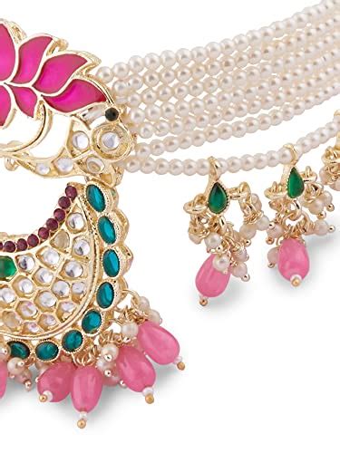 Buy ZAVERI PEARLS Green & Pink Meenakari Lotus Multistrand Pearls ...