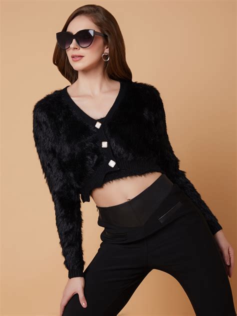 SHOWOFF Women's Solid Black Crop Cardigan with Inner Slip