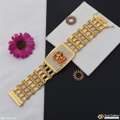 4 Line Ganesha with Diomonds In Rectangle Gold Plated Bracelet - Style ...