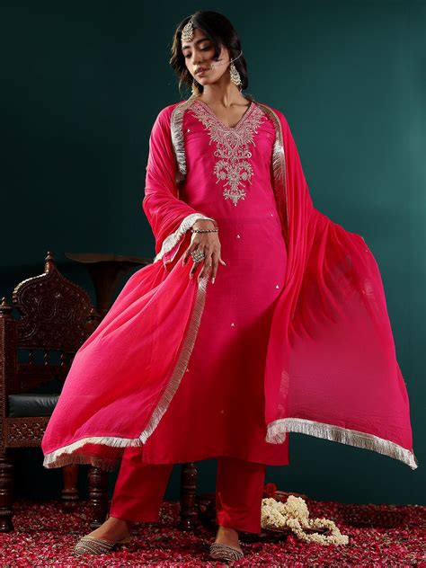 Varanga Women Fuchsia Pink Embroidered Straight Kurta With Bottom And ...