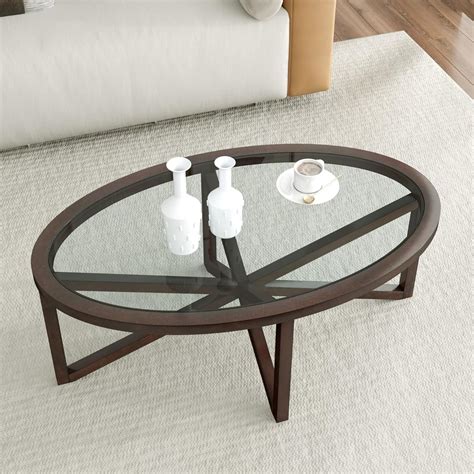 Amazon.com: Polibi Modern Oval Glass Coffee Table, Solid Wood Base ...