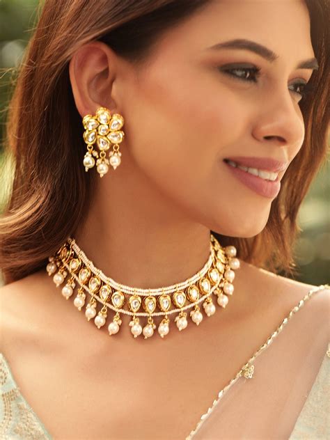 Rubans Radiant 22K Gold Plated Kundan and Pearl beaded Choker jewelry