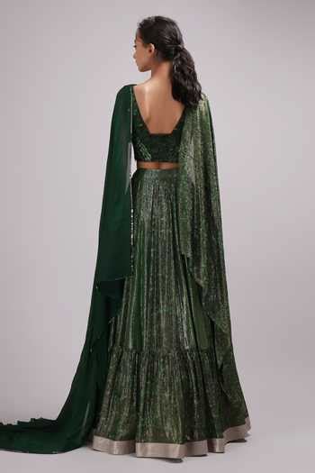 Buy Green Brocade, Georgette Cut Madelief Shimmer Embroidered Lehenga ...