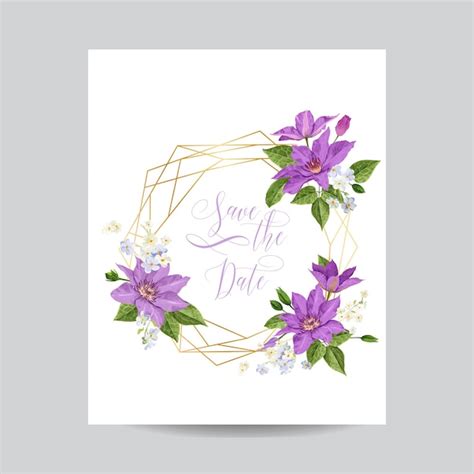 Hochzeitseinladungsvorlage mit Clematis-Blumen und goldenem Rahmen ...