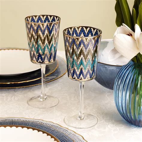 Buy Pure Home + Living Set of 2 Blue and Teal Ikat Print Wine Glasses ...