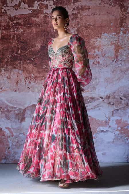 Buy Pink Organza Mirrors, Sequins Sweetheart Neck Adya Floral Print ...