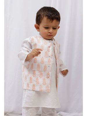 Buy Tjori Orange Block Printed Floral Nehru Jacket Online