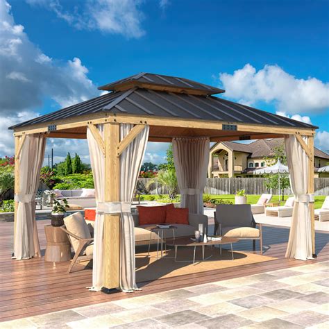 Richryce 11' x 13' Asphalt Hardtop Gazebo, Spruce Wood Double Roof ...