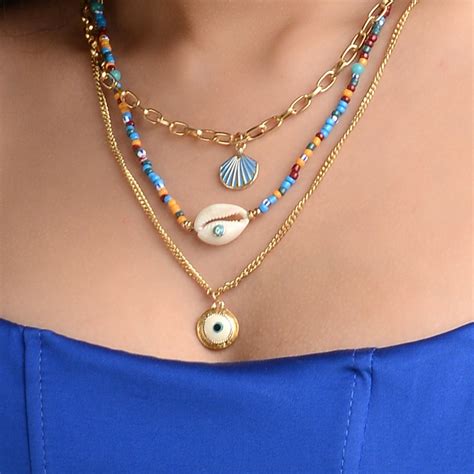 Multi Layer Blue Evil Eye Shell Long Chain