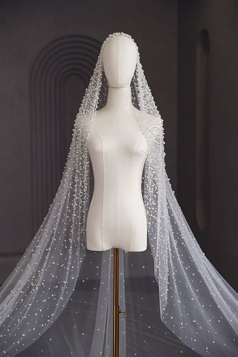 Pearl Bridal Veil, Pearl Beaded Wedding Veil, White or Ivory Cathedral Length, Beaded Cathedral ...