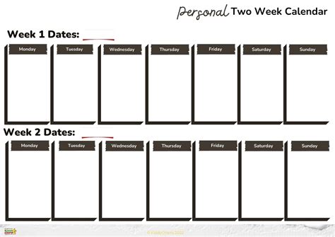 Printable 2 week calendar template to organise your life