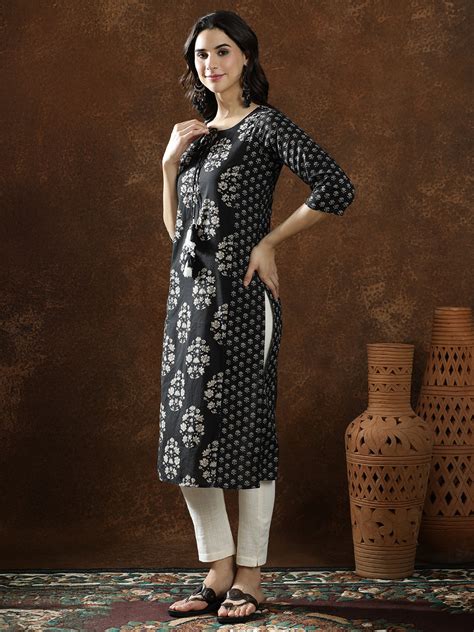 Floral Embroidered Straight Pure Cotton Kurta - Jaipur Kurti