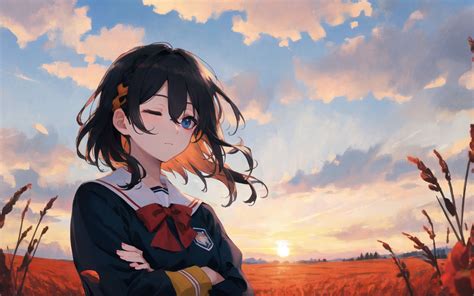 Download wallpaper 3840x2400 girl, schoolgirl, wind, field, anime 4k ...