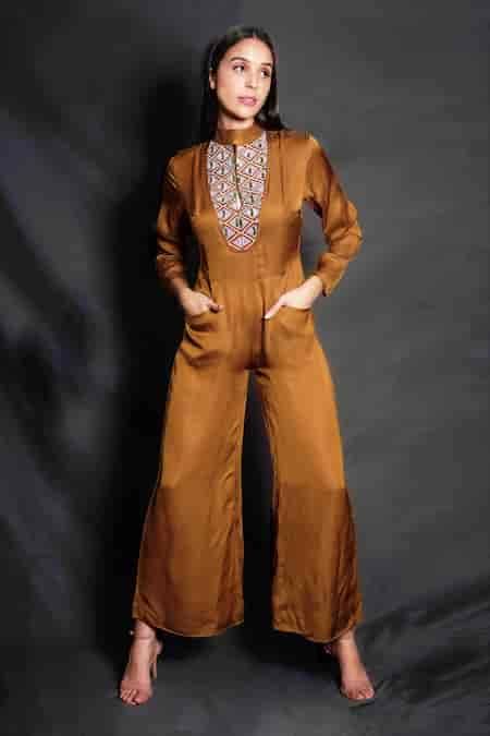 Buy Gold Viscose, Satin Cut Work, Beads High Neck, Keyhole Embroidered ...