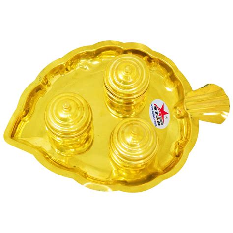 Brass Leaf Design Kumkum Box with 3 Bowls in Gift Box (Set of 5 ...