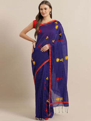 Buy LAA CALCUTTA Blue and Red Cotton Handloom Saree with Unstitched ...