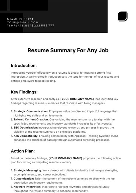Free Resume Summary For Any Job Template to Edit Online