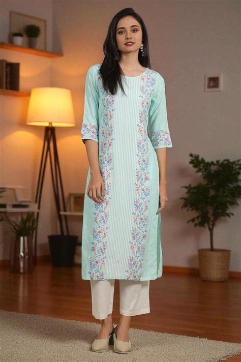 Buy River Green Floral Printed Schiffli Embroidered Breezy Rayon ...