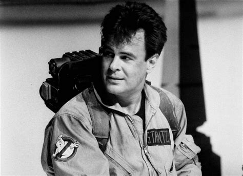 A black and white still showing Daniel Aykroyd from the movie Ghostbusters