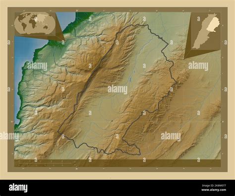 Baalbek-Hermel, governorate of Lebanon. Colored elevation map with lakes and rivers. Corner ...