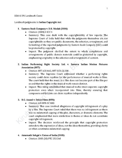 SEM 6 IPR Landmark Cases - Kirubakaran Srinivasan BE, MBA, LL SEM 6 IPR ...