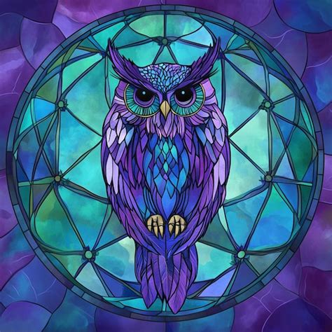 Purple owl sitting on a stained glass circle with a purple background ...