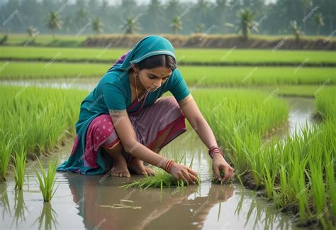 A woman kneeling in a rice field with a purple sari on her head ...
