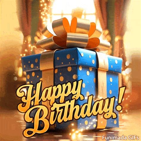 Elegant Happy Birthday GIF with a Sparkling Gift - Download on Funimada.com