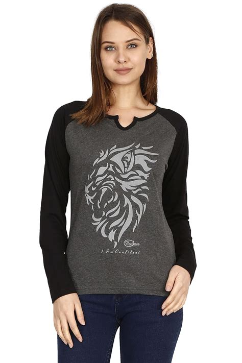 Buy FLEXIMAA Women's Cotton Printed Raglan Full Sleeve Charcoal Melange ...