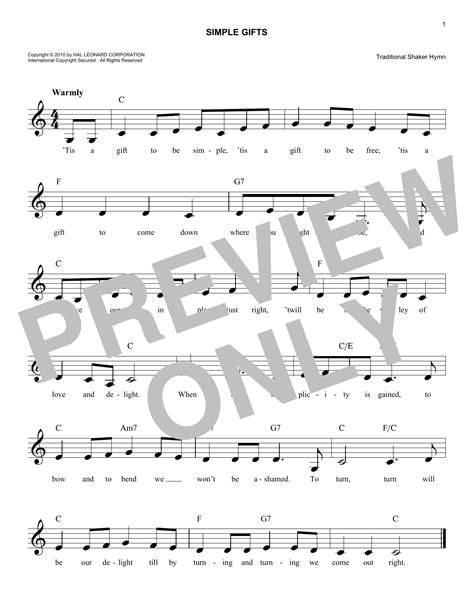 Simple Gifts by Traditional Shaker Hymn Sheet Music for Easy Lead Sheet ...