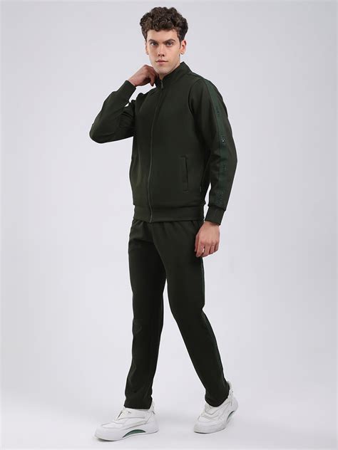Buy Men Olive Solid Round Neck Full Sleeve Winter Tracksuit Online in ...