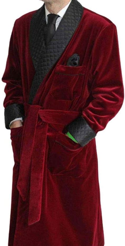 Men's long Smoking Jacket Maroon Velvet Robe Quilted Robe Dressing Gown ...