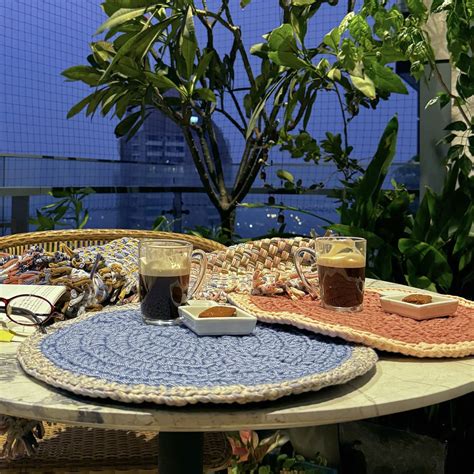Set of 6 Round Crochet Placemats / Dining Mats Pink, Denim blue, Brown ...