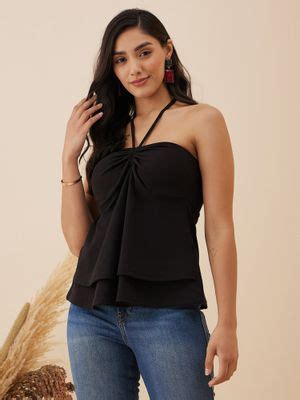 Buy RARE Women Casual Black Colour Halter Neck Solid Regular Top Online