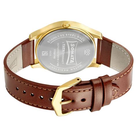 Sonata Quartz Analog with Day and Date Champagne Dial Leather Strap ...