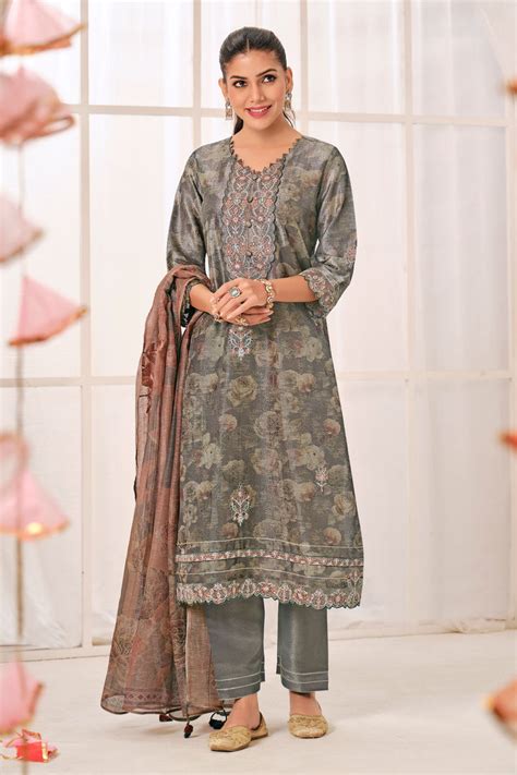 Pure Shimmer Jacquard Silk Digital Print Straight Cut Salwar Kameez In ...
