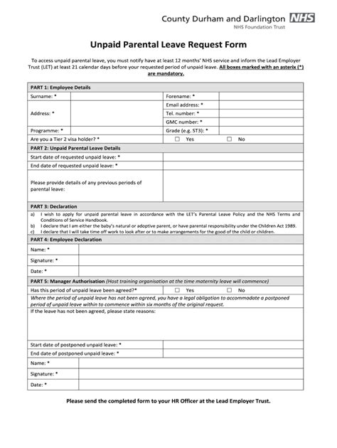 Unpaid Parental Leave Request Form - Blank Fillable Template | Fill Out ...