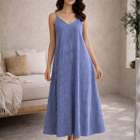 Blue Coastal Stripe Pure Cotton Women's V-Neck Night Maxi | FEATHERS CLOSET