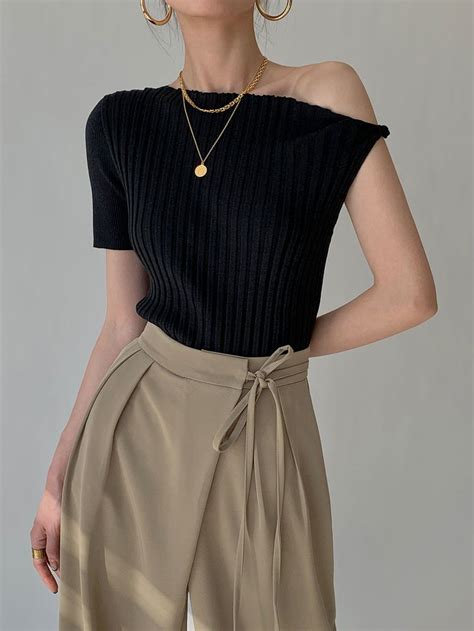 Asymmetrical Neck One Shoulder Off Knit Top in 2024 | Knit top, Spring ...