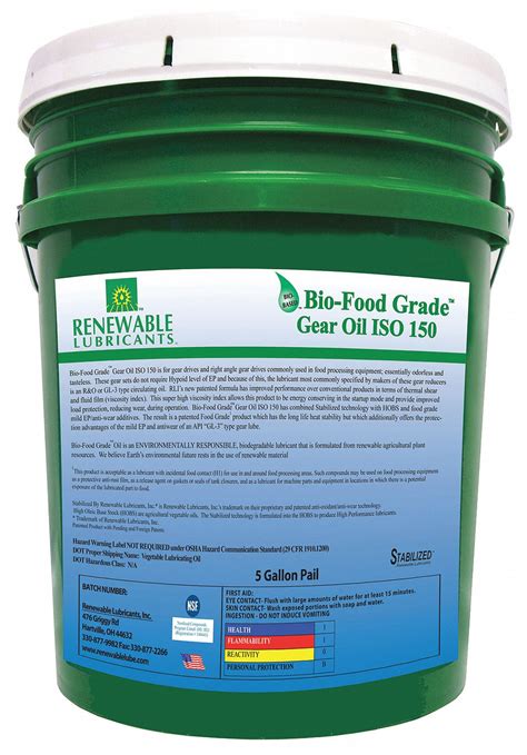 RENEWABLE LUBRICANTS, Bio-Food Grade, 5 gal, Gear Oil - 5JGG8|87244 ...