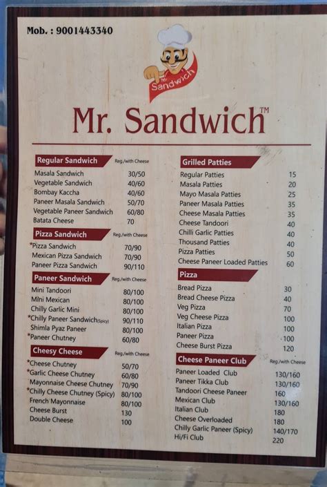 Menu at Mr. Sandwich, Kota