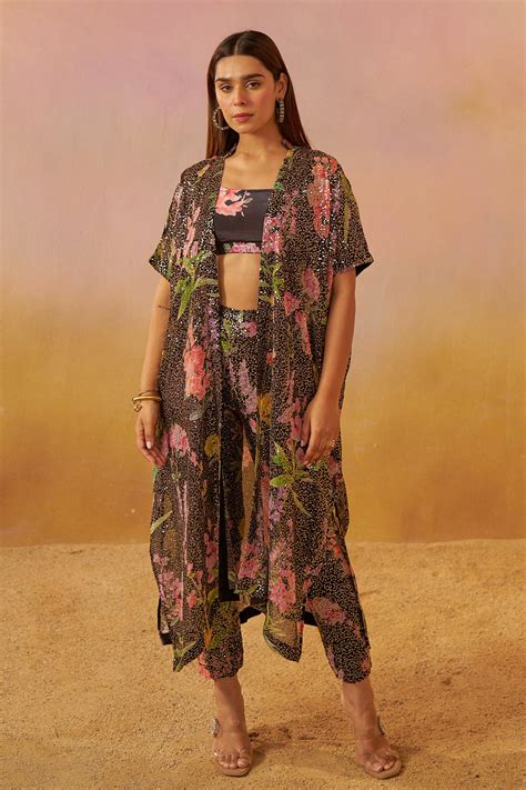 Enchanted Flora Sequins Georgette Flora Cape and Pant with Printed Bus