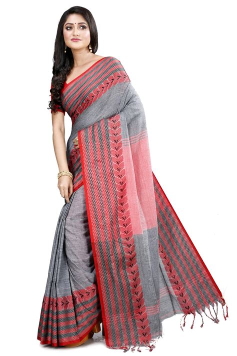 Grey Pure Cotton Rohal Hand Loom Saree (8002) | PuJoy Fashion