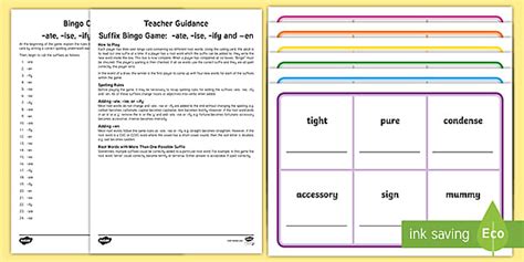 KS2 -ate, -ise, -ify and -en Suffix Bingo Game