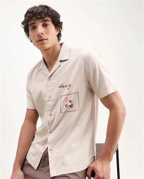 Rare Rabbit Men's Quentin Beige Embroidered Relaxed Fit Half Sleeve Cu