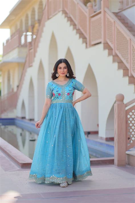 Sky Blue Gold Crush Gown with Multicolor Thread Embroidery
