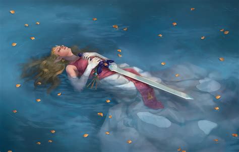 Wallpaper water, girl, lake, petals, art, Legend of Zelda, lying. sword ...