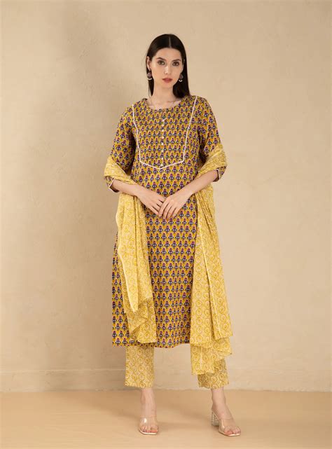 Women Posy Green mul-cotton-3pc-kurta-set-with-pintuck-lace-details ...
